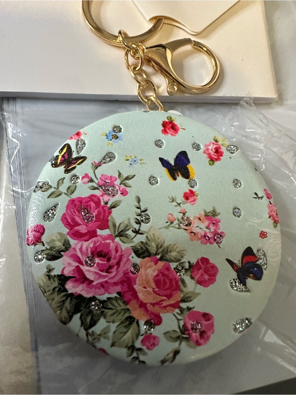 Floral Butterfly Round Key & Card Holder in Mint and Pink